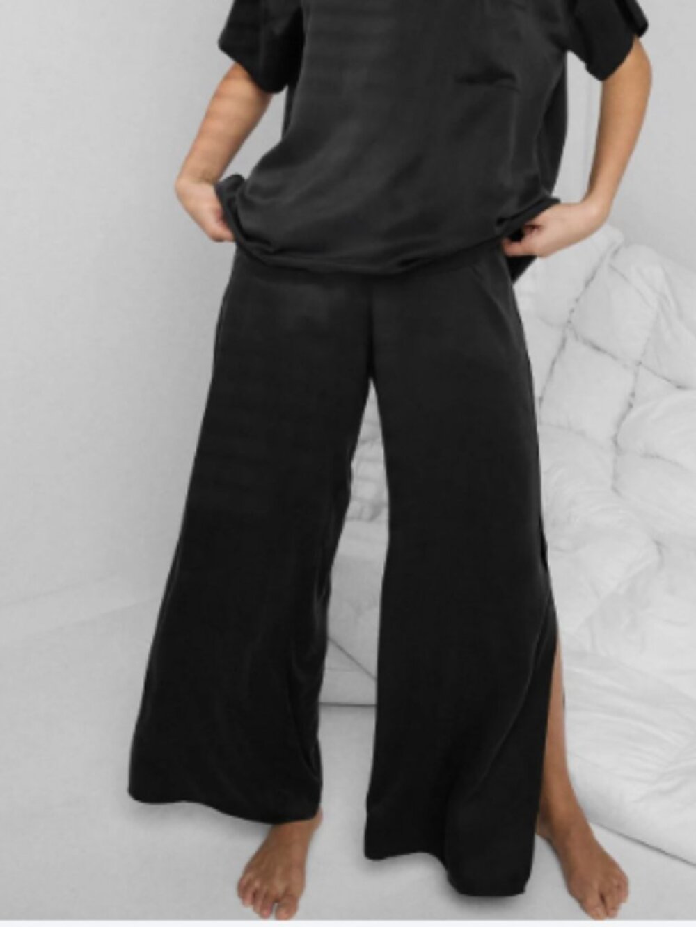 Lunya Washable Silk Pajama Wide Leg Pants in Black Sz L